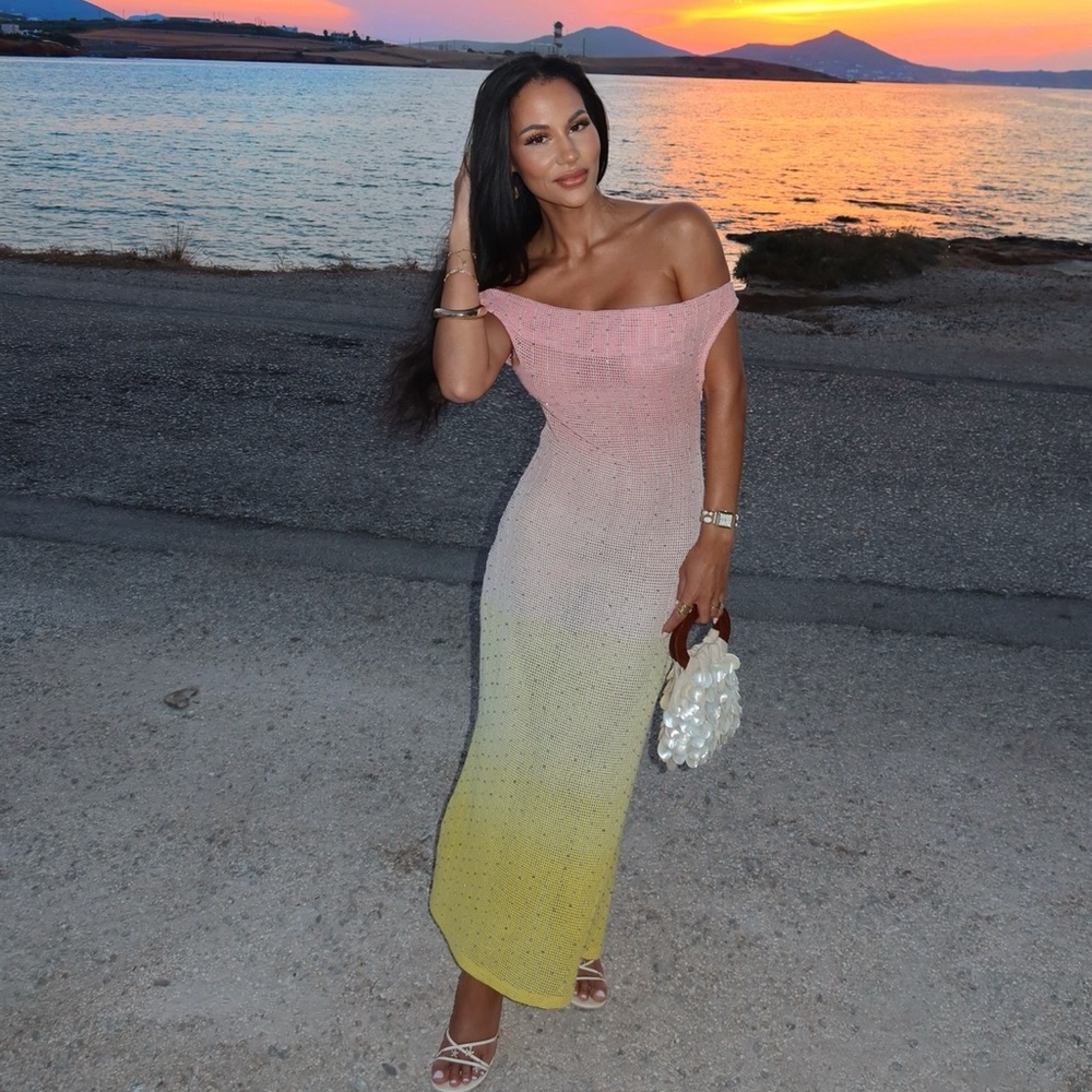 ASOS DESIGN ultimate embellished crochet maxi dress in pink and lemon ombre